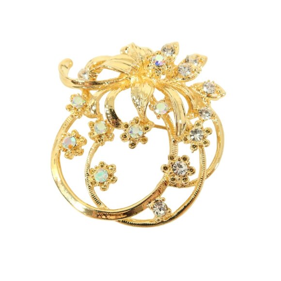Unsigned Jewelry - Vintage Gold Tone Clear & Aurora Borealis Foral Flower Looped Brooch Pin 2"